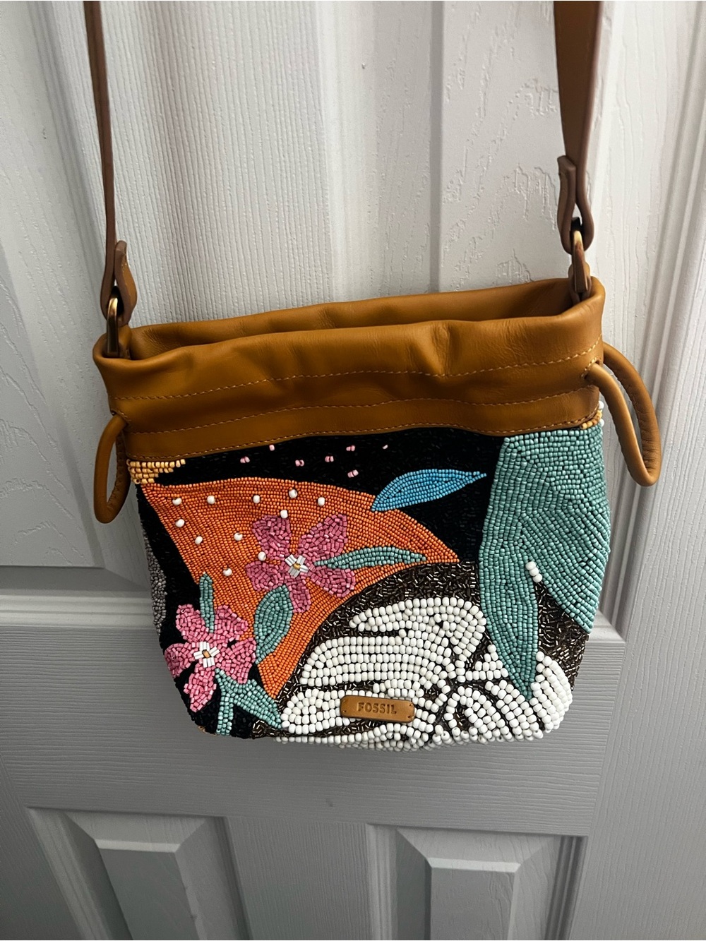 Fossil Mustard Leather Crossbody with Beaded Floral Front